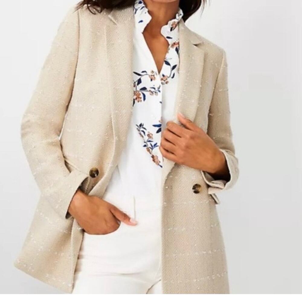 Ann Taylor Tweed Double Breasted Blazer Sports Coat Women's 6 Beige Academia